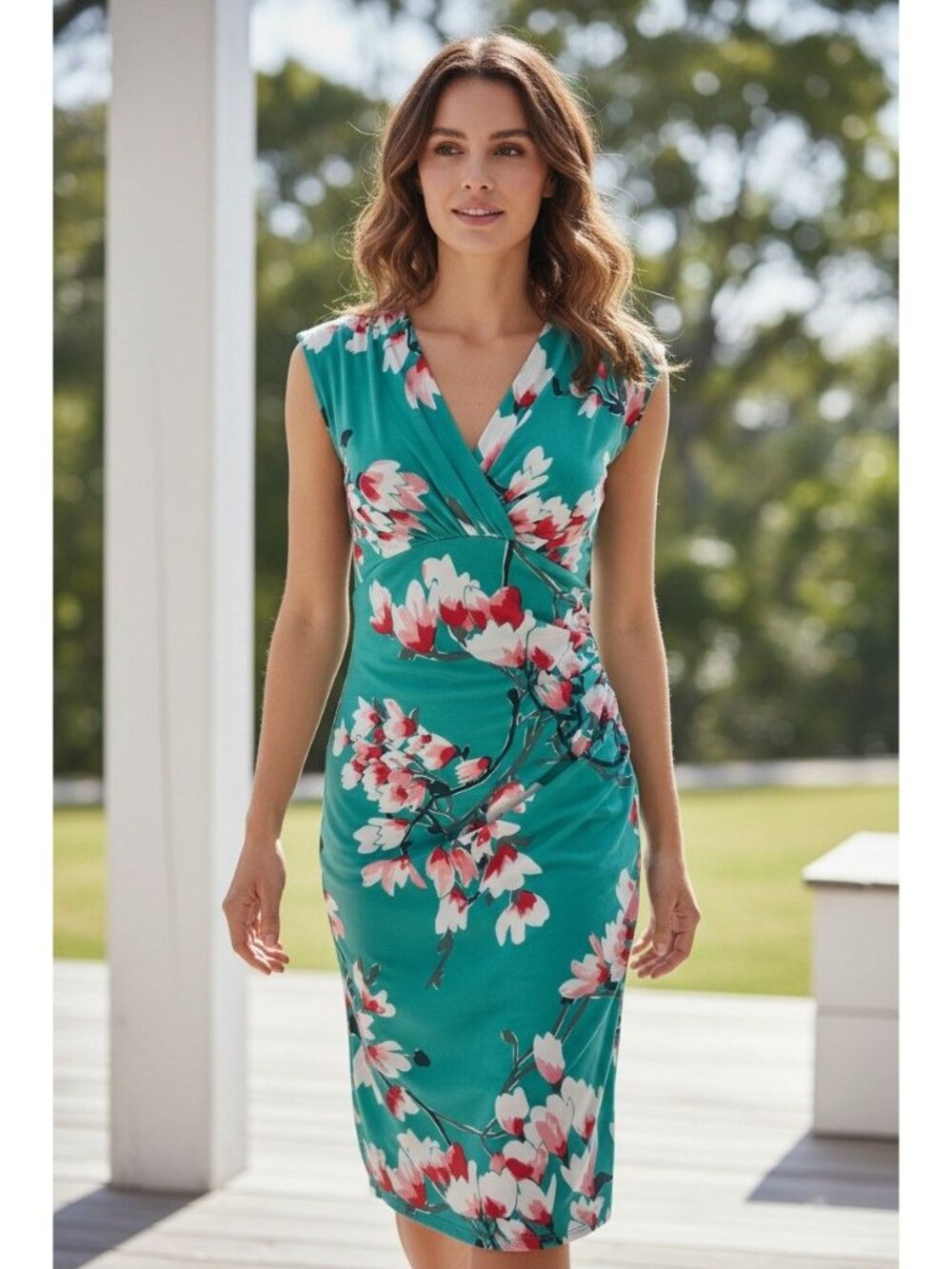 Roz & Ali Aqua Coral Floral Print Ruched Dress Size 4 Spring Summer Wedding